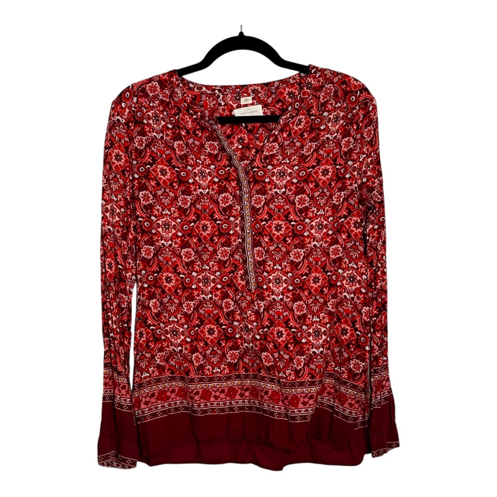Ann Taylor LOFT The Softened Shirt Red Medallion Floral Boho Blouse Womens Small